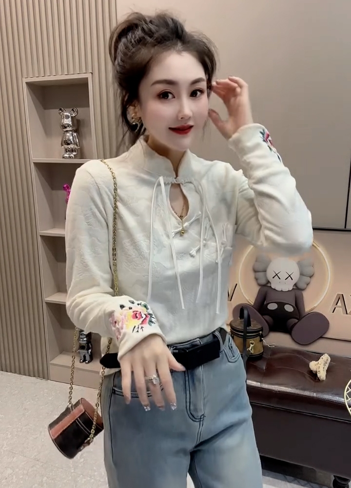 新中式国风提花刺绣加绒打底衫女