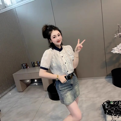 法式木耳边短袖衬衫撞色立领衬衣