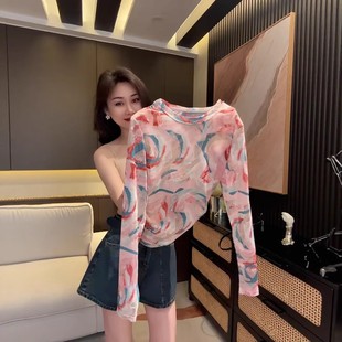 欧货2025夏季款晕染网纱粉色防晒T恤女修身高弹薄款长袖碎花上衣
