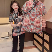 T恤女夏复古印花改良旗袍开叉盘扣中长款 新中式 国风正肩短袖 上衣