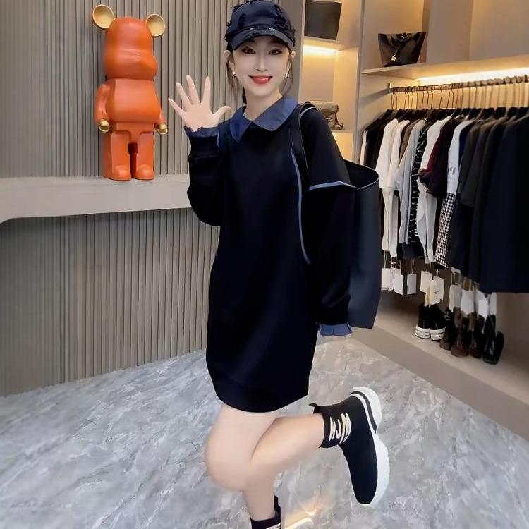 美式牛仔polo领拼接假两件卫衣女