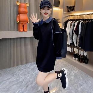 欧货2024秋装新款美式牛仔polo领拼接假两件卫衣女宽松中长款上衣