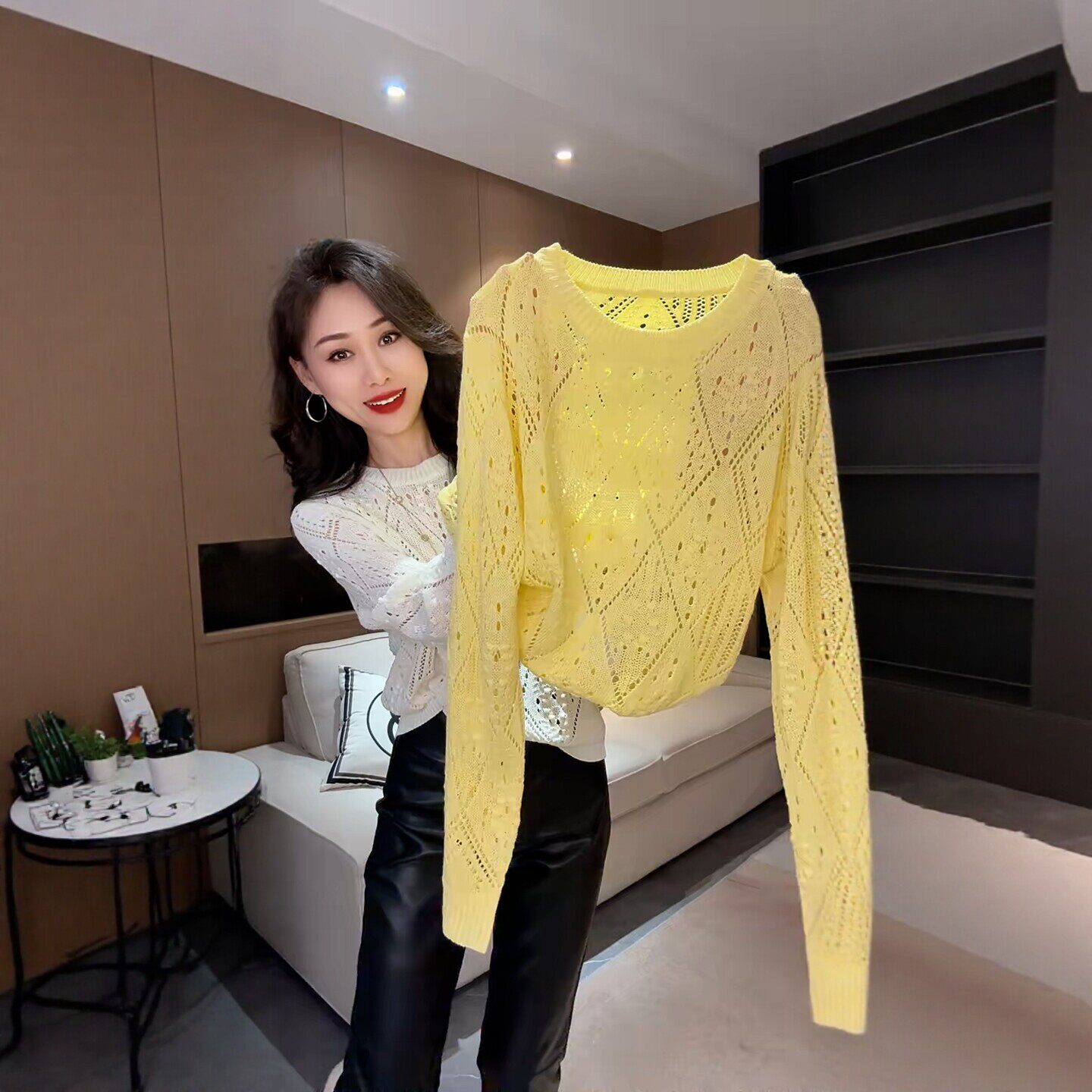 欧货镂空菱格圆领套头毛衣女春季2026新款宽松薄款长袖针织衫上衣