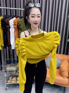 欧洲站2025秋冬新款泡泡袖磨毛纯棉长袖T恤女显瘦打底衫圆领上衣