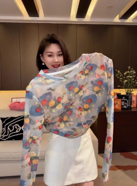 欧货蓝色扎染网纱长袖t恤女夏季2025款宽松圆领防晒罩衫碎花上衣