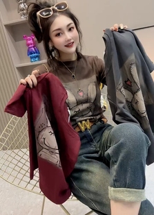 欧货2026早秋新款卡通兔子磨毛纯棉短袖T恤女修身打底衫半袖上衣