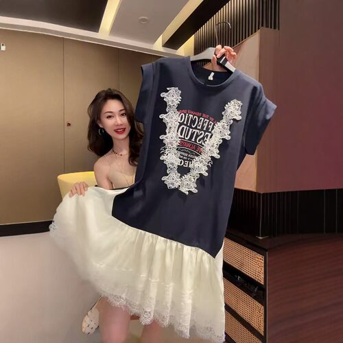 假两件连衣裙女蕾丝拼接荷叶边裙