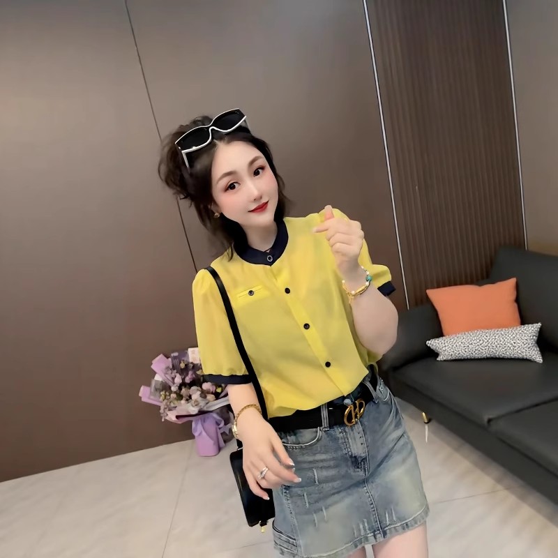 欧货法式复古撞色圆领短袖衬衫女夏季2025款宽松薄款衬衣雪纺上衣