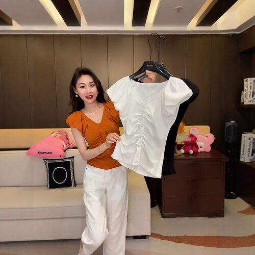 法式V领褶皱收腰短袖t恤女上衣
