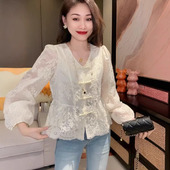 新中式 气质显瘦减龄别致上衣 女春夏2025新款 国风盘扣V领长袖 衬衫