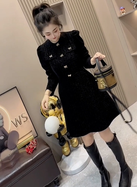 欧货赫本风小黑裙女2025春秋装小香风粗花呢亮丝蝴蝶结收腰连衣裙