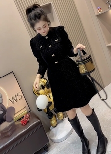 欧货赫本风小黑裙女2025春秋装 小香风粗花呢亮丝蝴蝶结收腰连衣裙