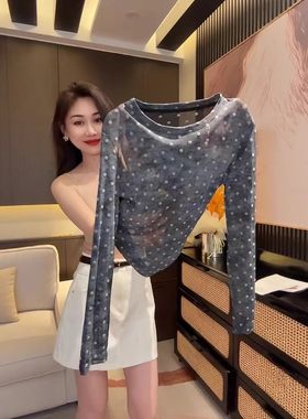 波点防晒长袖T恤女网纱罩衫上衣