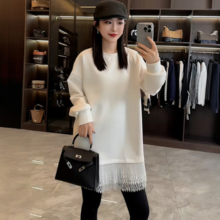 欧货下摆蕾丝拼接加厚圆领卫衣女秋冬2025新款宽松中长款长袖上衣