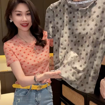 多巴胺波点网纱t恤女正肩上衣