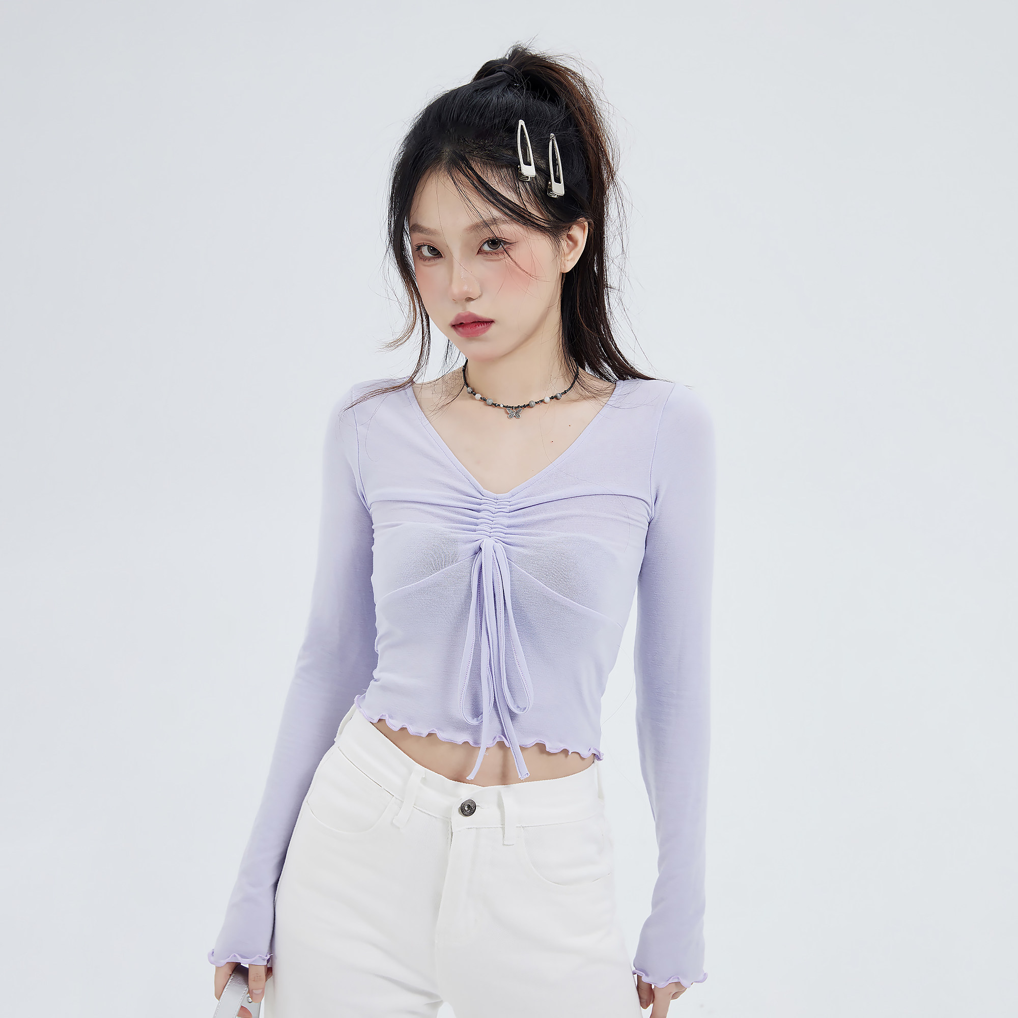 SEEFIRE家芝士葡萄牛奶紫少女感奶油绑带修身短款上衣秋冬打底衫
