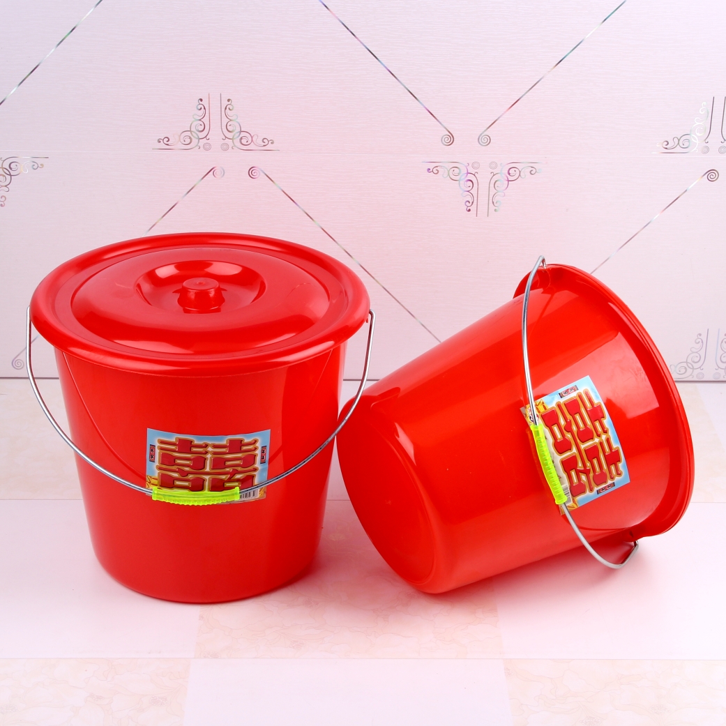 带盖子熟胶红桶塑料提水桶红色大号水桶婚庆米桶喜字桶塑料鸡蛋桶 家庭/个人清洁工具 水桶 原图主图