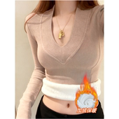 V领加绒加厚长袖 打底衫 女大码 冬季 修身 德绒保暖内搭打底T恤上衣