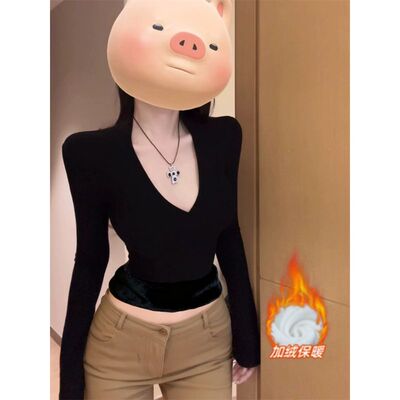冬季V领加绒加厚长袖打底衫女大码修身德绒内搭保暖打底T恤上衣