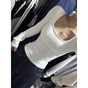 95棉方领长袖T恤打底衫女春秋新款大码胖mm修身内搭正肩纯色上衣