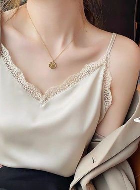 春夏蕾丝吊带背心女内搭缎面v领小西装打底性感冰丝白色无袖上衣