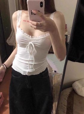 95棉纯欲白色小吊带背心女春夏大码蕾丝内搭打底短款辣妹外穿上衣