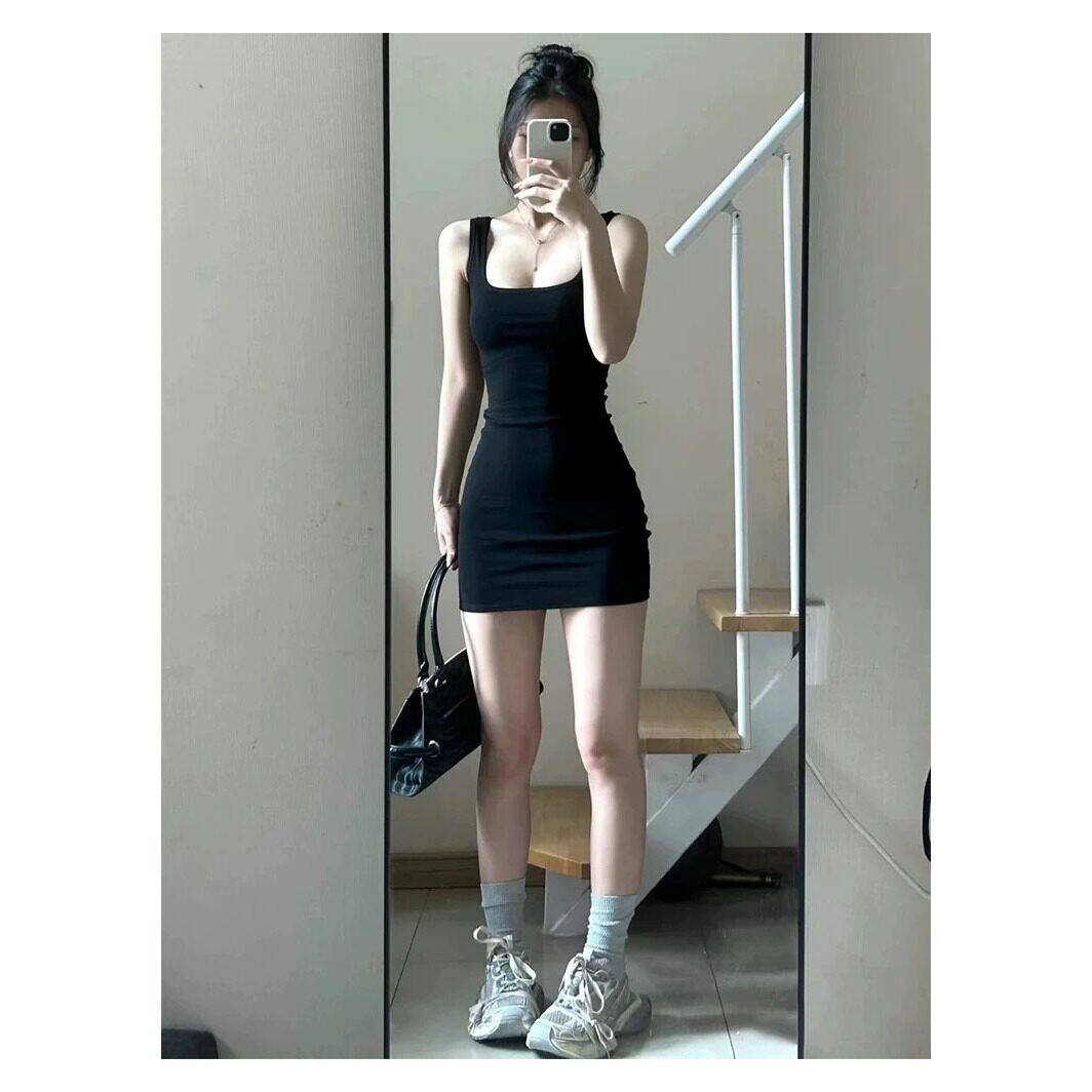 纯棉短裙修身吊带背心连衣裙女黑色短款辣妹包臀裙子紧身性感纯欲