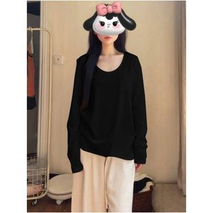 胖mm内搭宽松打底T恤慵懒风上衣 女大码 95棉春秋V领纯欲长袖 打底衫