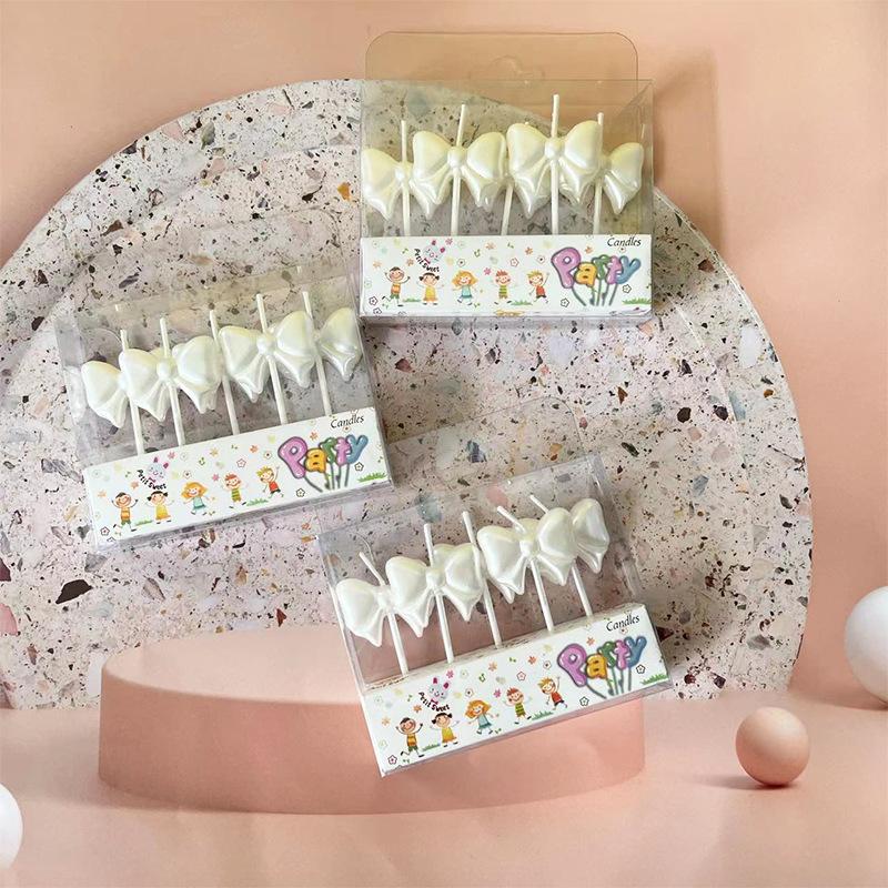 韩系白色珠光蝴蝶结蜡烛生日蛋糕装饰摆件粉色蝴蝶结蜡烛烘焙插件