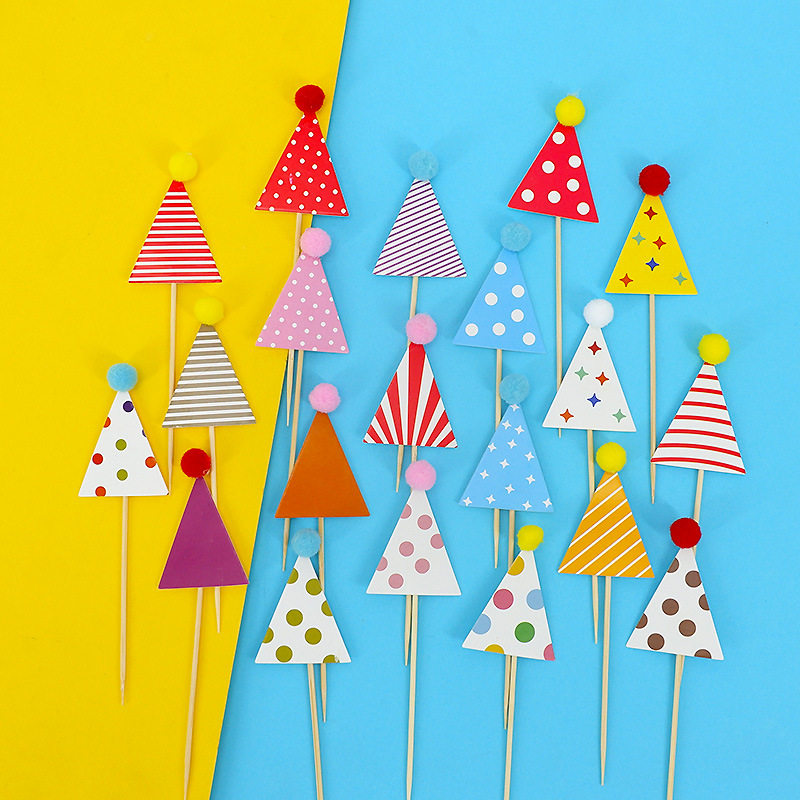 宝宝周岁卡通创意彩色三角毛球帽插牌竹签生日派对小插件装扮用品