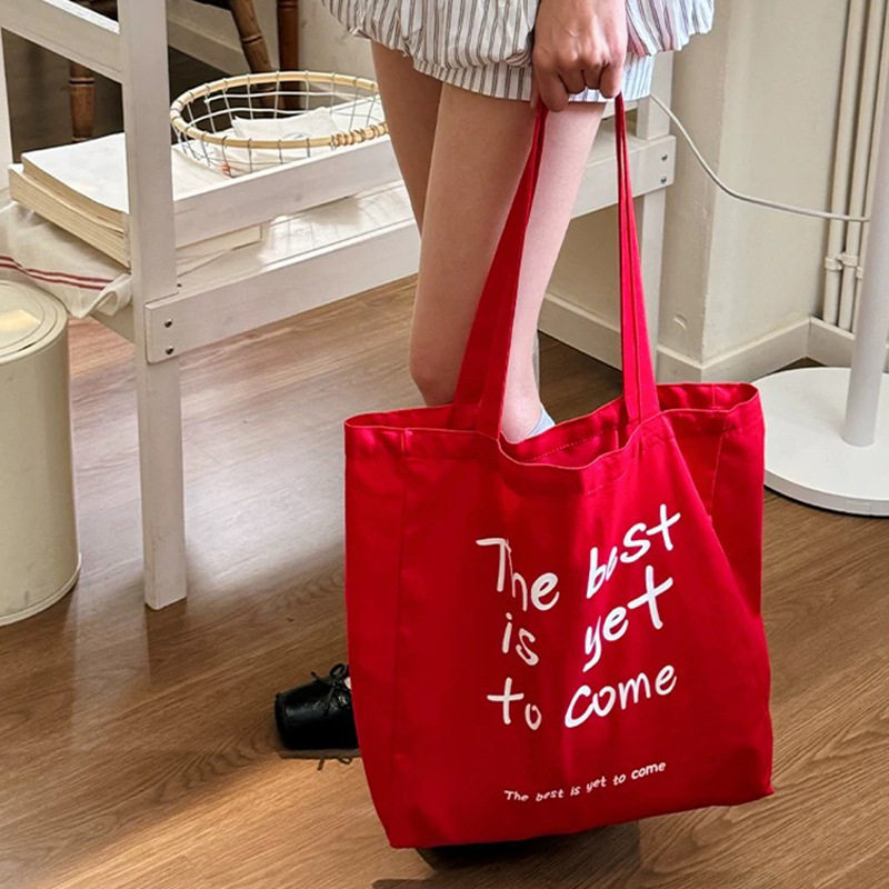原创韩系红色帆布包女ins慵懒风大容量单肩包百搭学生通勤手提袋