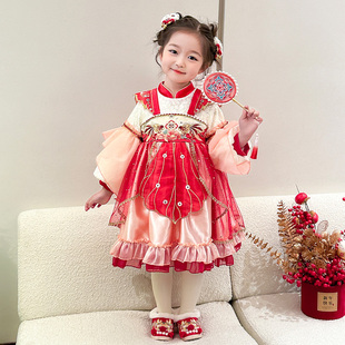 女童汉服连衣裙2026新款儿童加绒新年拜年服小女孩红色公主风裙子