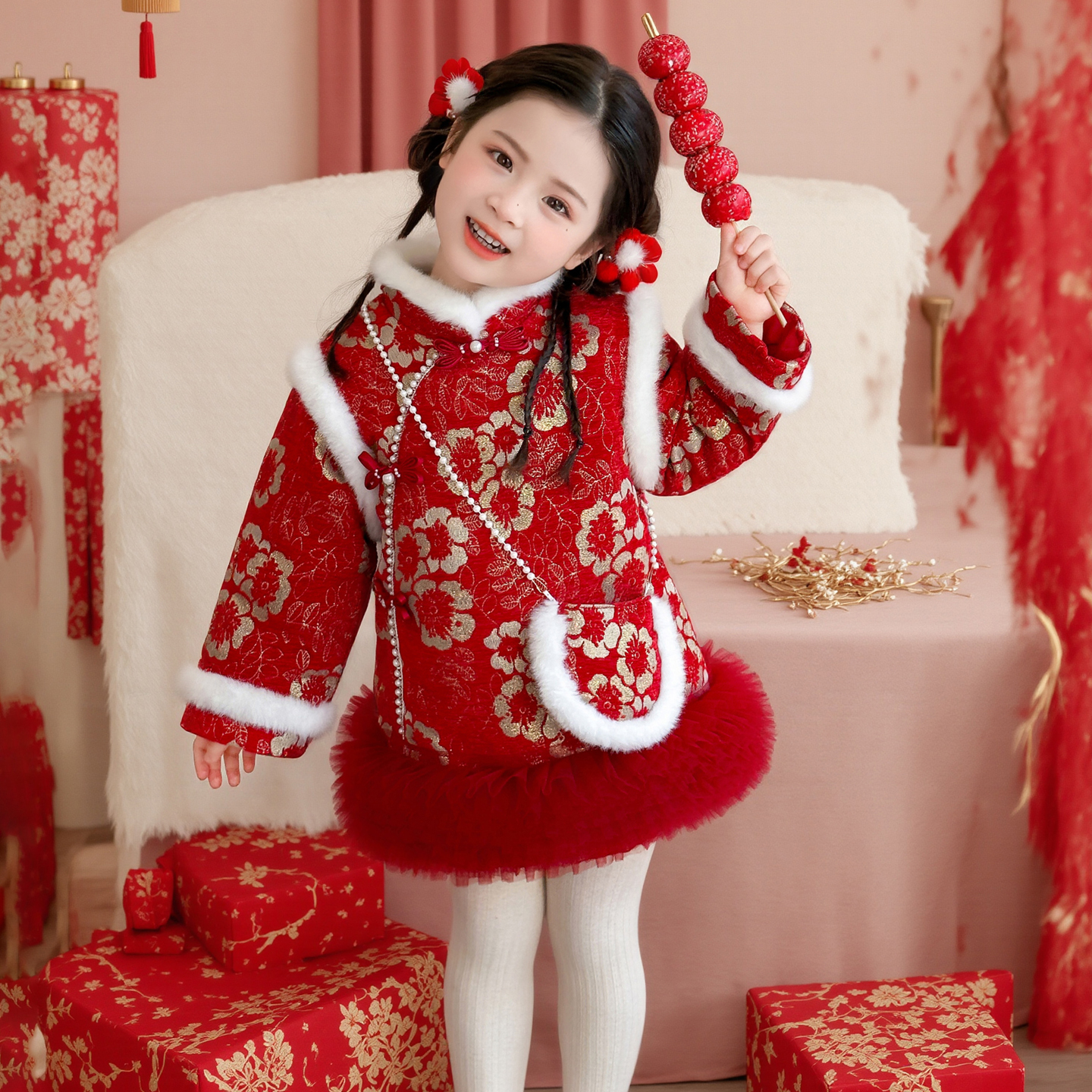 女童红色旗袍裙夹棉加厚中国风