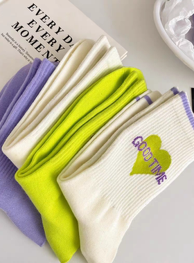 中筒袜子女春夏季韩版街头外穿潮袜紫色高腰潮流搭配老爹鞋的长筒