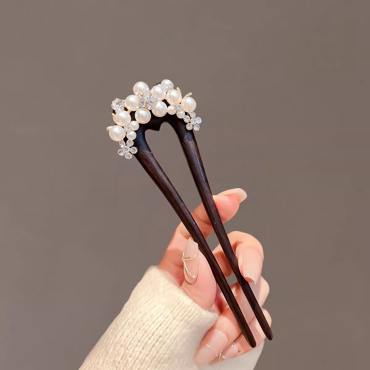 新中式珍珠发簪女簪钗黑檀木u形钗子簪子古风高级旗袍马面裙发钗