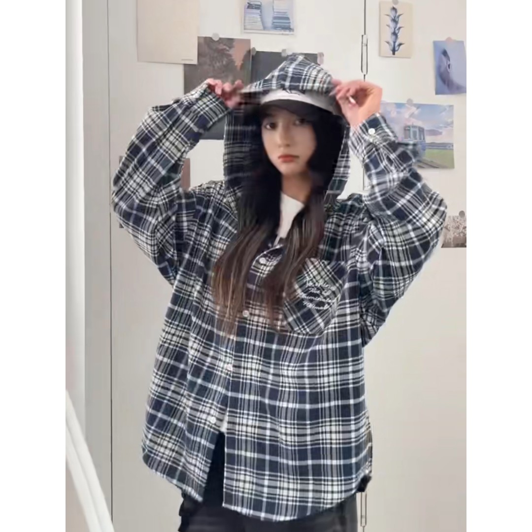 网图404同款原版做法全棉连帽刺绣加厚长袖格子衬衫C8636/P60,男装衬衫,星座205-3