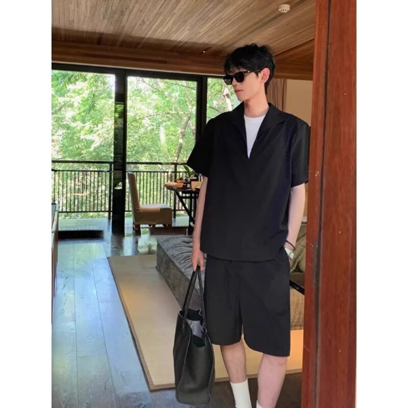 老钱风亚麻套装男夏季V领短袖衬衫垂感休闲短裤一套搭配帅气男装,男装休闲套装,星座205-3