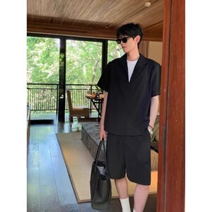 老钱风亚麻套装男夏季V领短袖衬衫垂感休闲短裤一套搭配帅气男装图片