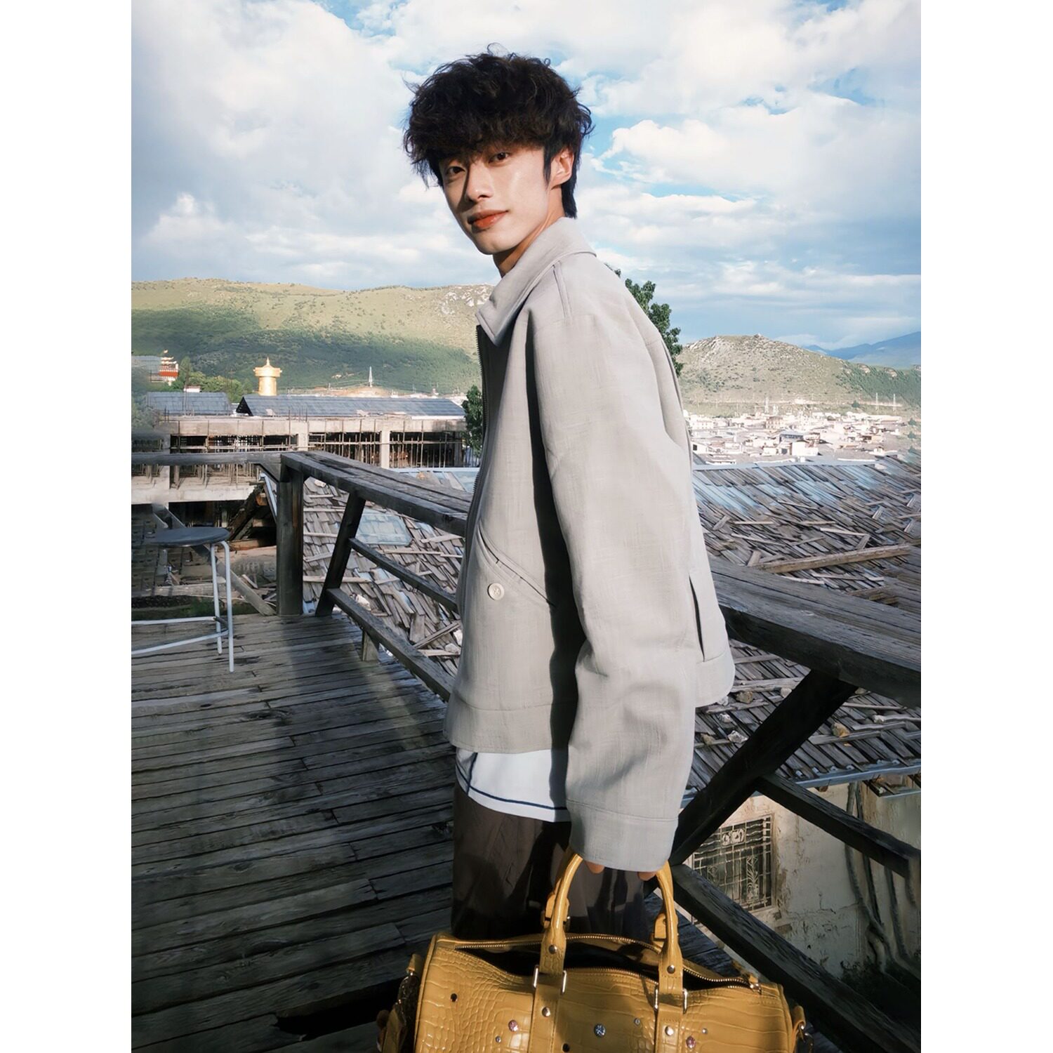现货gosnace麻灰色外套男款秋季美式复古竖纹行政夹克JK984/P75,男装夹克,星座205-3