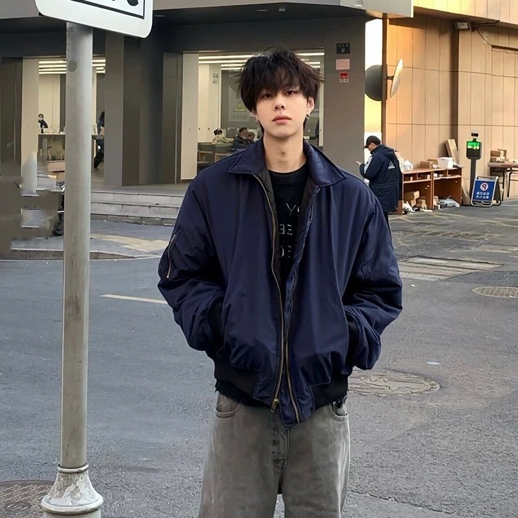 【网图现货】藏青色美式复古防水棒球服翻领夹克男3365/特P45，男装夹克，星座205-3