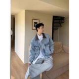 网图现货浅蓝色美式宽松拼皮翻领褶皱水洗牛仔外套J4002/P78，男装工装外套，星座205-3