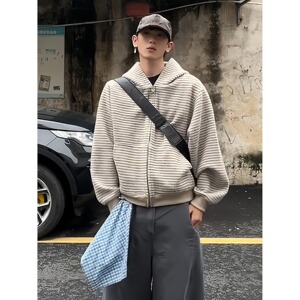 网图现货 美式复古条纹拉链开衫连帽卫衣男女W231/P60图片