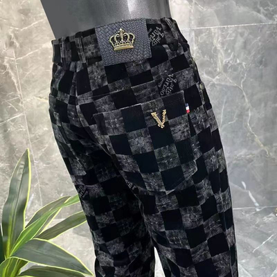 欧洲站秋冬新款高端休闲西裤男士潮流花格子小直筒修身百搭条绒裤