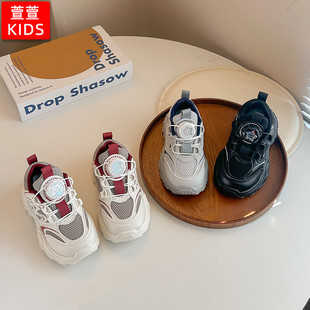 儿童免系带旋钮鞋黑色男童运动鞋网面透气女童鞋子春款宝宝网鞋潮