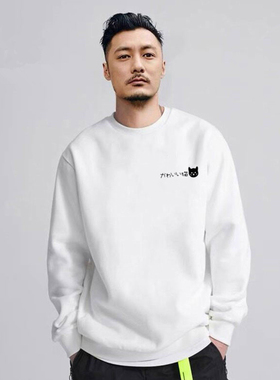 小猫潮牌白色日系圆领薄款大码卫衣男装2025秋冬季宽松情侣装上衣