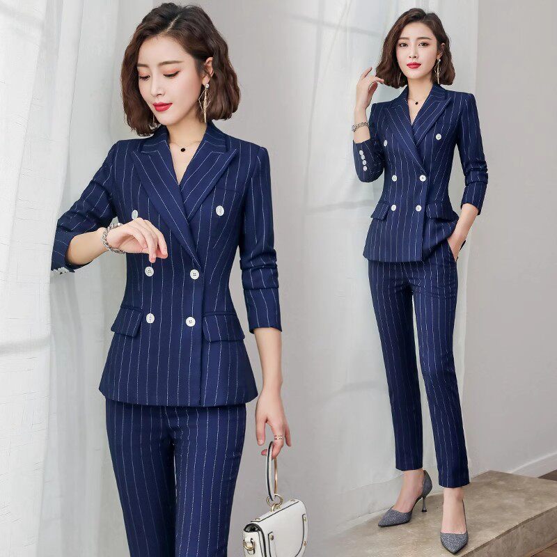 职业装时尚条纹西装正装商务西服女春季总裁套装气质英伦风工作服