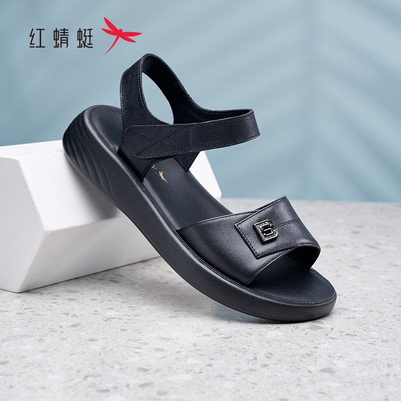 红蜻蜓夏女士牛皮凉鞋平跟魔术贴