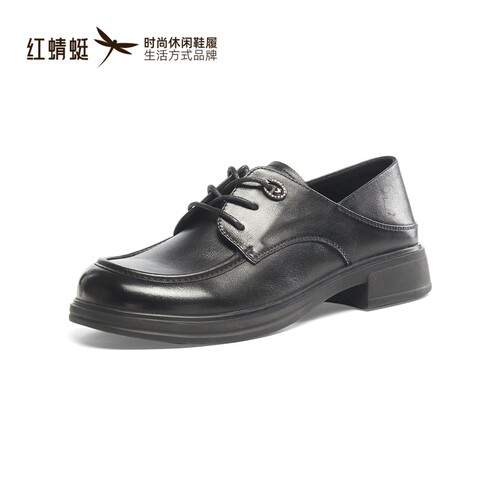 红蜻蜓春秋女士牛皮乐福鞋粗方跟