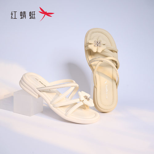 红蜻蜓夏女士一字牛皮凉拖鞋花朵
