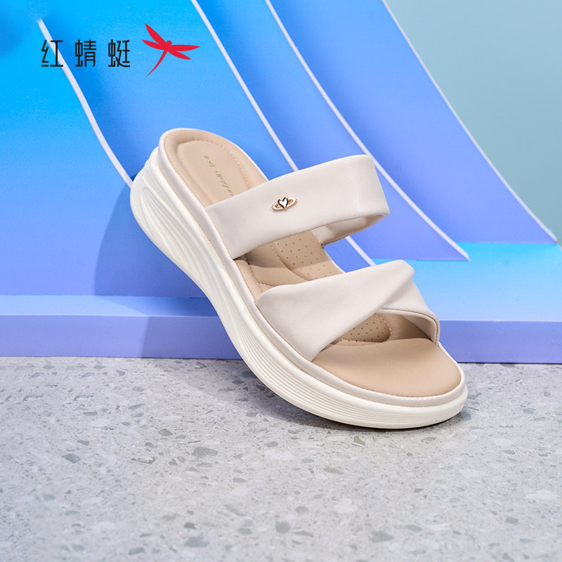红蜻蜓夏女一字皮凉拖鞋坡跟休闲